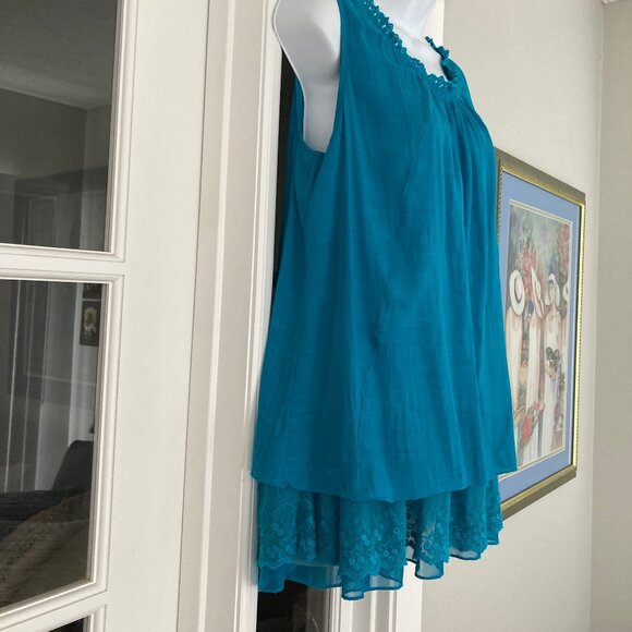 Indigo Soul Turquoise Sleeveless Three Tiered Bohemian Tunic Blouse Medium - Picture 2 of 8